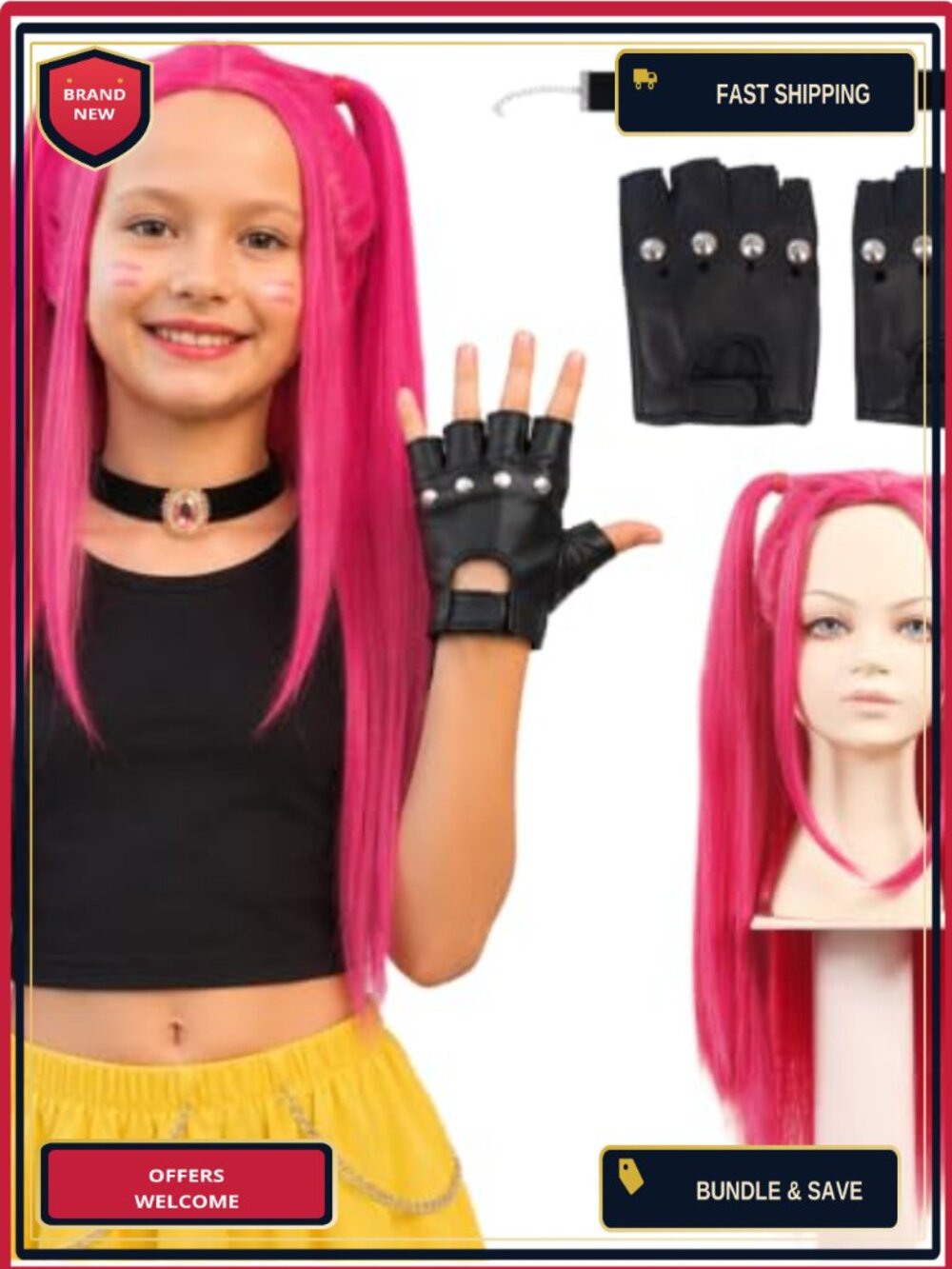 Long Straight Wig Necklace & Faux Leather Gloves Cosplay Set